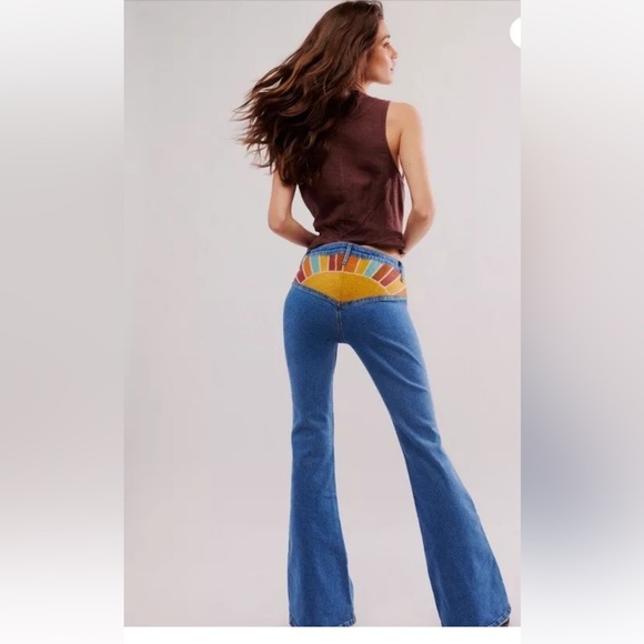 Free People Driftwood Farrah Embroidered Flare Sun Blue Brown Gold - Picture 4 of 4